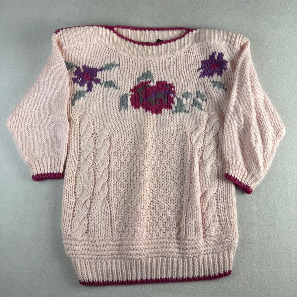 Needles & Yarn Vintage Handknit Floral Cable Knit Sweater Pink Ramie Blend Med